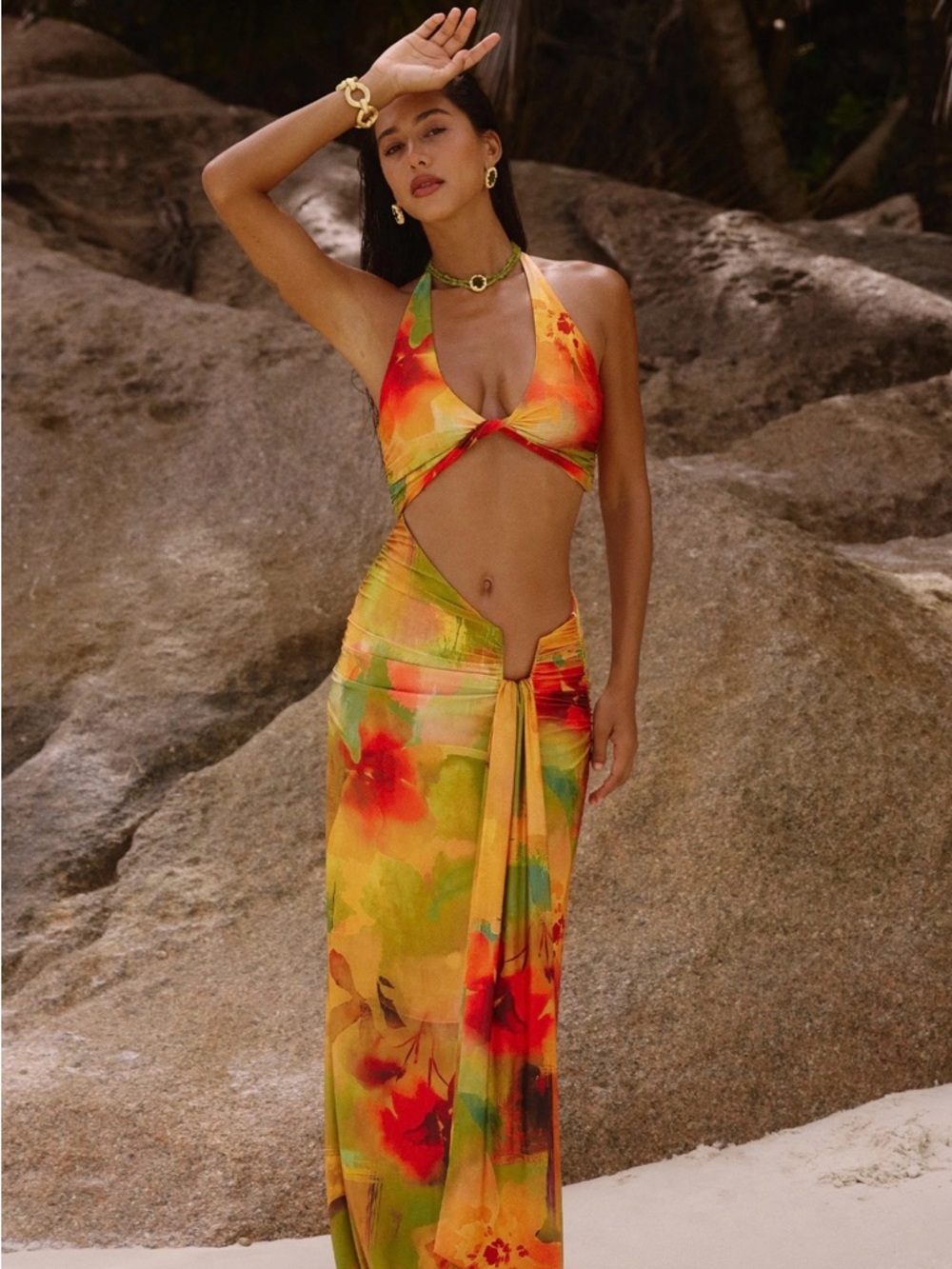 Halter Tie-Front Sarong Dress in Yellow Multi Floral